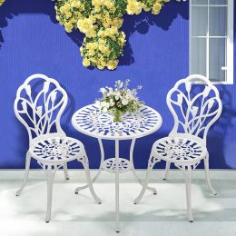 3-Piece Bistro Table Set, Cast Aluminum Outdoor Bistro Furniture Set, Patio Bistro Sets With Small Round Table And 2 Chairs For Porch, Lawn, Garden, B (Color: White)