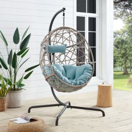 Patio Wicker Swing Egg Chair Basket Rattan Teardrop Hanging Lounge Chair With Stand And Cushions (Color: Blue)