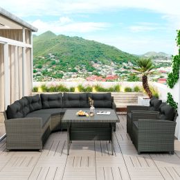 6-Piece Outdoor Wicker Sofa Set, Patio Rattan Dinning Set, Sectional Sofa With Thick Cushions And Pillows, Plywood Table Top, For Garden, Yard, Deck. (Color: Gray)