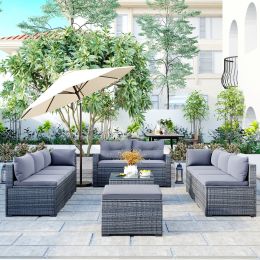 9-Piece Outdoor Patio Large Wicker Sofa Set, Rattan Sofa Set For Garden, Backyard,Porch And Poolside, Black Wicker, Beige Cushion (Color: Gray)