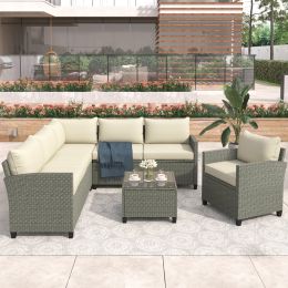 Patio Furniture Set, 5 Piece Outdoor Conversation Set, With Coffee Table, Cushions And Single Chair (Color: Beige)