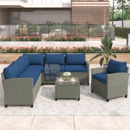 Patio Furniture Set, 5 Piece Outdoor Conversation Set, With Coffee Table, Cushions And Single Chair (Color: Blue)