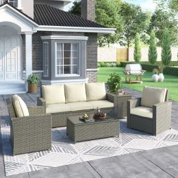 5 Piece Rattan Sectional Seating Group With Cushions And Table, Patio Furniture Sets, Outdoor Wicker Sectional (Color: Beige)