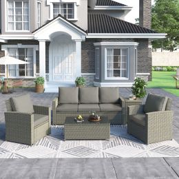 5 Piece Rattan Sectional Seating Group With Cushions And Table, Patio Furniture Sets, Outdoor Wicker Sectional (Color: Grey)