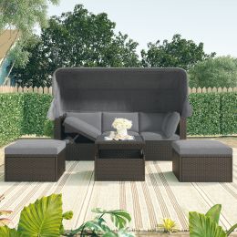 Outdoor Patio Rectangle Daybed With Retractable Canopy, Wicker Furniture Sectional Seating With Washable Cushions, Backyard, Porch (Color: Gray)