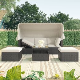 Outdoor Patio Rectangle Daybed With Retractable Canopy, Wicker Furniture Sectional Seating With Washable Cushions, Backyard, Porch (Color: Beige)