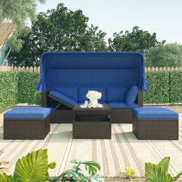 Outdoor Patio Rectangle Daybed With Retractable Canopy, Wicker Furniture Sectional Seating With Washable Cushions, Backyard, Porch (Color: Blue)