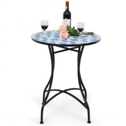 Patio Pool And Garden Lawn Mosaic Floral Pattern Bistro Round Table (Color: Blue Floral Pattern)