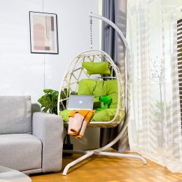 Swing Egg Chair  Stand Indoor Outdoor Wicker Rattan Patio Basket Hanging Chair With C Type Bracket (Color: White)