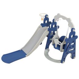 Children Slide Swing Set, 3-In-1 Combination Activity Center Freestanding Slides Playset For Kids Indoor Toddler Climbing Stairs Toy With Basketball H (Color: Grey Blue)