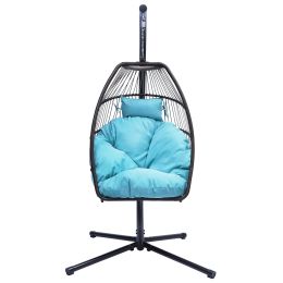 Hanging Egg Swing Chair With Stand Hammock Chair With Soft Cushion And Pillow For Backyard, Garden, Patio Xh (Color: Blue)