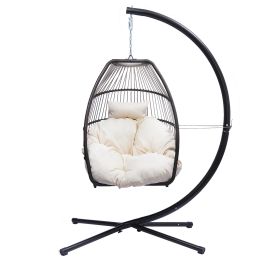 Hanging Egg Swing Chair With Stand Hammock Chair With Soft Cushion And Pillow For Backyard, Garden, Patio Xh (Color: Beige)