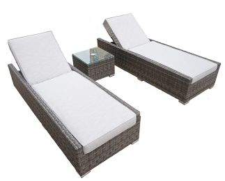 Direct Wicker Outdoor 3Pcs Deluxe Patio Adjustable Wicker Rattan Chaise Lounge Set With Cushions And Table (Color: Grey)