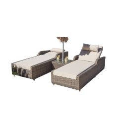 Direct Wicker Outdoor 3Pcs Deluxe Patio Adjustable Wicker Rattan Chaise Lounge Set With Cushions And Table (Color: Brown)