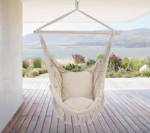Tassel Hammock Chair Hanging Rope Swing Seat With 2 Cushions (Color: Beige)