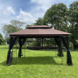 13X10Ft Outdoor Patio Gazebo Canopy Tent With Ventilated Double Roof And Mosquito Net (Detachable Mesh Screen On All Sides), Suitable For Lawn, Garden (Color: Brown)