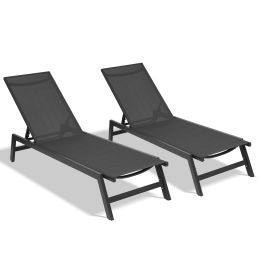 Outdoor 2-Pcs Set Chaise Lounge Chairs, Five-Position Adjustable Aluminum Recliner, All Weather For Patio, Beach, Yard, Pool Rt (Color: Black)