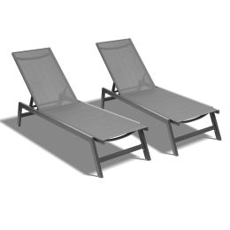 Outdoor 2-Pcs Set Chaise Lounge Chairs, Five-Position Adjustable Aluminum Recliner, All Weather For Patio, Beach, Yard, Pool Rt (Color: Dark Gray)