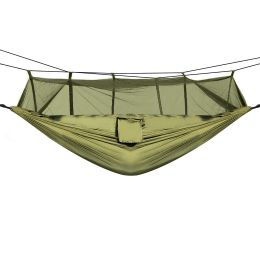 600Lbs Load 2 Persons Hammock With Mosquito Net Outdoor Hiking Camping Hommock Portable Nylon Swing Hanging Bed (Color: Green)