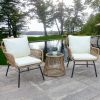 3Pcs Outdoor Patio Balcony Natural Color Wicker Chair Set With Beige Cushion And Round Tempered Glass Table