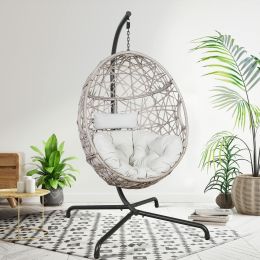 Patio Wicker Swing Egg Chair Basket Rattan Teardrop Hanging Lounge Chair With Stand And Cushions (Color: Beige)