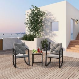 3 Pieces Patio Set Outdoor Patio Furniture Sets Modern Rocking Chair Furniture Sets Clearance Cushioned Chairs Conversation Sets With Coffee Table For (Color: Gray)
