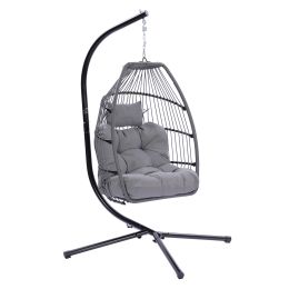 Outdoor Patio Wicker Folding Hanging Chair,Rattan Swing Hammock Egg Chair With Cushion And Pillow (Color: Grey)