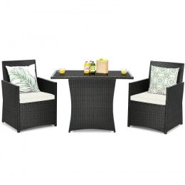 3 Pieces Patio Rattan Furniture Set With Cushion And Sofa Armrest (Color: White)