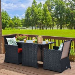 3 Pieces Patio Rattan Furniture Set With Cushion And Sofa Armrest (Color: Red)