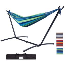 112" Large Size Double Classic Hammock With Stand For 2 Person- Indoor Or Outdoor Use-With Carrying Pouch-Powder-Coated Steel Frame - Durable 450 Poun (Color: Blue/Green Stripe)
