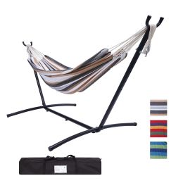 112" Large Size Double Classic Hammock With Stand For 2 Person- Indoor Or Outdoor Use-With Carrying Pouch-Powder-Coated Steel Frame - Durable 450 Poun (Color: Brown/Gray Stripe)