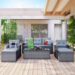 6-Piece All-Weather Wicker Pe Rattan Patio Outdoor Dining Conversation Sectional Set With Coffee Table, Wicker Sofas, Ottomans, Removable Cushions (Color: Gray)
