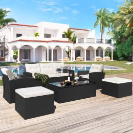 6-Piece All-Weather Wicker Pe Rattan Patio Outdoor Dining Conversation Sectional Set With Coffee Table, Wicker Sofas, Ottomans, Removable Cushions (Color: Beige)