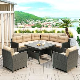 6-Piece Outdoor Wicker Sofa Set, Patio Rattan Dinning Set, Sectional Sofa With Thick Cushions And Pillows, Plywood Table Top, For Garden, Yard, Deck (Color: Beige)