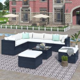 9-Piece Outdoor Patio Pe Wicker Rattan Conversation Sectional Sofa Sets With 3 Sofa, 3 Corner Sofa, 2 Ottomans, And 1 Glass Coffee Table, Removable So (Color: Beige)
