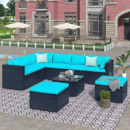 9-Piece Outdoor Patio Pe Wicker Rattan Conversation Sectional Sofa Sets With 3 Sofa, 3 Corner Sofa, 2 Ottomans, And 1 Glass Coffee Table, Removable So (Color: Blue)