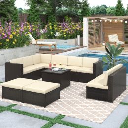 9 Piece Rattan Sectional Seating Group With Cushions And Ottoman, Patio Furniture Sets, Outdoor Wicker Sectional (Color: Beige)