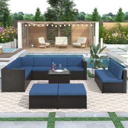 9 Piece Rattan Sectional Seating Group With Cushions And Ottoman, Patio Furniture Sets, Outdoor Wicker Sectional (Color: Blue)