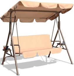 Outdoor 2-Seat Swing With Teapoy Weather Resistant Canopy Powder Coated Steel Frame Patio Swinging Hammock With  Stand And Removable Cushion (Color: Beige)