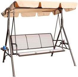 3 Person Patio Swing Seat With Adjustable Canopy For Patio, Garden, Poolside, Balcony (Color: Beige)