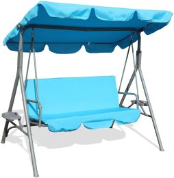 Outdoor 2-Seat Swing With Teapoy Weather Resistant Canopy Powder Coated Steel Frame Patio Swinging Hammock With  Stand And Removable Cushion (Color: Bule)