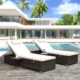 Outdoor Pe Wicker Chaise Lounge - 2 Piece Patio Brown Rattan Reclining Chair Furniture Set Beach Pool Adjustable Backrest Recliners With Side Table An (Color: Brown)
