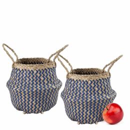 Seagrass Belly Basket W Handles, Beaded Planters Pot Cover For Indoor Plants, Wicker Hampers For Laundry, Decorative Basket For Farmhouse Decor, Set 2 (Color: Blue Zigzag, size: large)