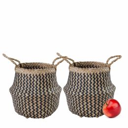 Seagrass Belly Basket W Handles, Beaded Planters Pot Cover For Indoor Plants, Wicker Hampers For Laundry, Decorative Basket For Farmhouse Decor, Set 2 (Color: Black Zigzag, size: small)