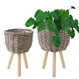 Wicker Planter Basket W Removable Legs For Indoor And Outdoor - All Weather Woven Flower Pots Cover , Planter Pot Container - Plant Stand (Color: Faux Seagrass, Option: Set 2)