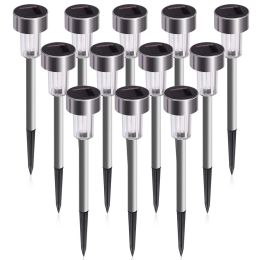 12 Pcs Led Stainless Steel Outdoor Garden Solar Lights For Pathway Walkway Patio Yard Lawn Cool White Xh (Color: Cool White)