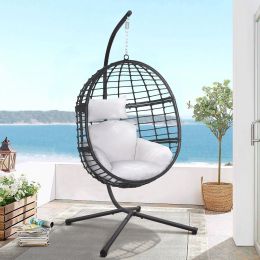Hanging Chair, Indoor Outdoor Hanging Egg Chair With Stand, Durable Wicker Porch Swing Hammock Chair Sets, Heavy Duty Uv Protective Frame And Waterpro (Color: Beige)