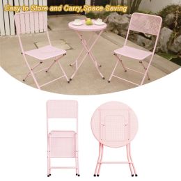 Premium Steel Patio Bistro Set, Folding Outdoor Patio Furniture Sets, 3 Piece Patio Set Of Foldable Patio Table And Chairs (Color: Pink)