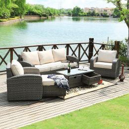 Direct Wicker Aluminum 5-Piece Outdoor Pe Rattan Wicker Sofa Rattan Patio Garden Furniture ,Gray (Color: Gray Wicker)