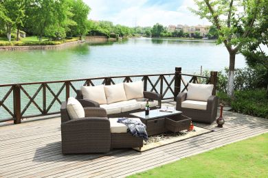 Direct Wicker Aluminum 5-Piece Outdoor Pe Rattan Wicker Sofa Rattan Patio Garden Furniture ,Gray (Color: Brown Wicker)